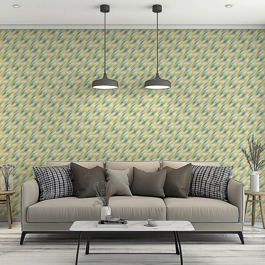 Diagonal Brushstroke Mural Wallpaper — Muted Blue and Ochre Mural Wallpaper