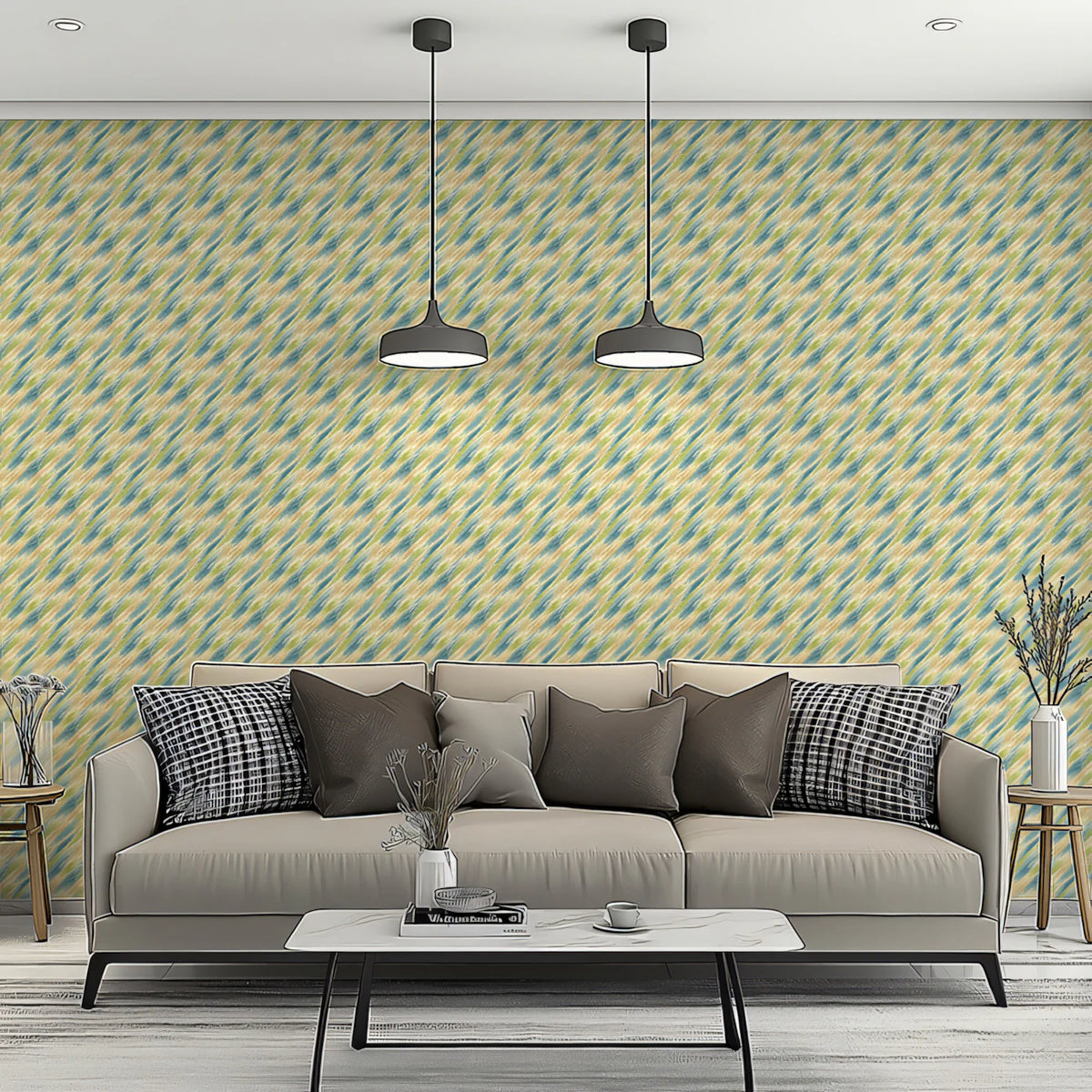 Diagonal Brushstroke Mural Wallpaper — Muted Blue and Ochre Mural Wallpaper - pure wallpaper artwork
