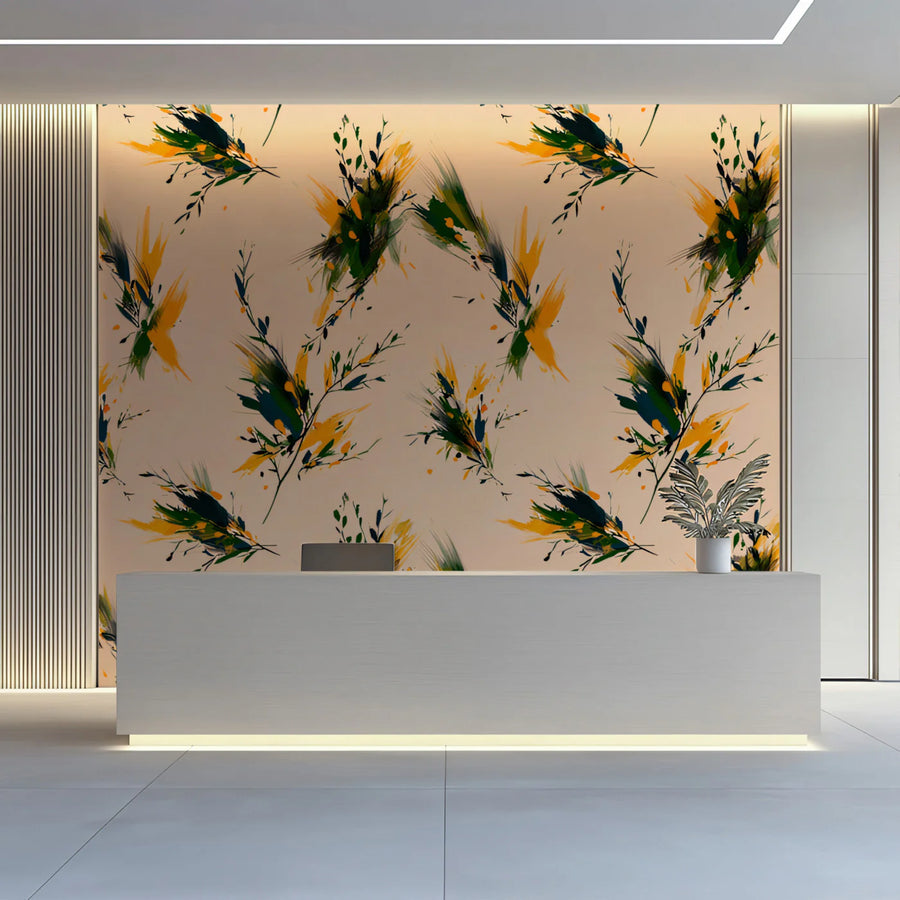 Abstract Botanical Mural Wallpaper — Ochre and Green Brushstrokes Mural Wallpaper