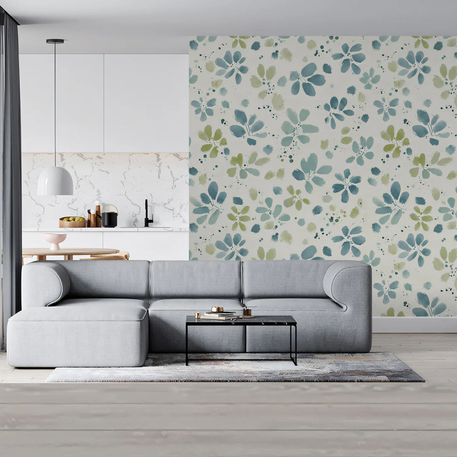 Watercolor Botanical Mural Wallpaper in Sage and Slate Blue Mural Wallpaper