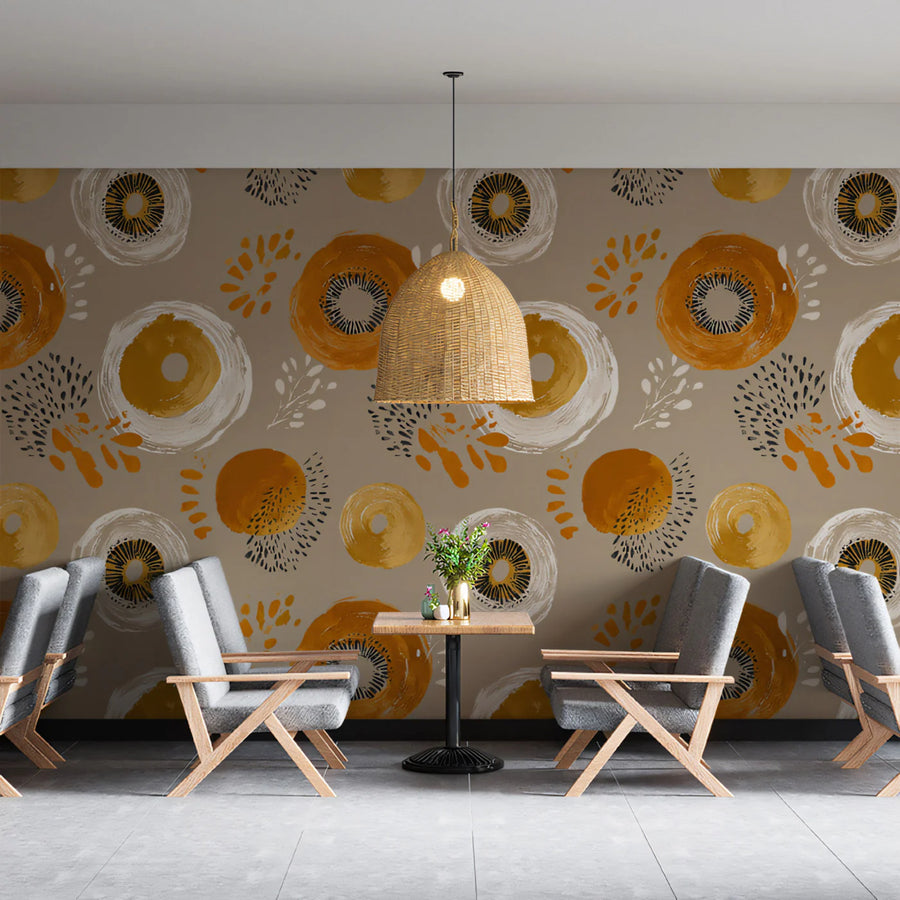 Abstract Painted Circle Mural Wallpaper — Ochre and Warm Taupe Mural Wallpaper