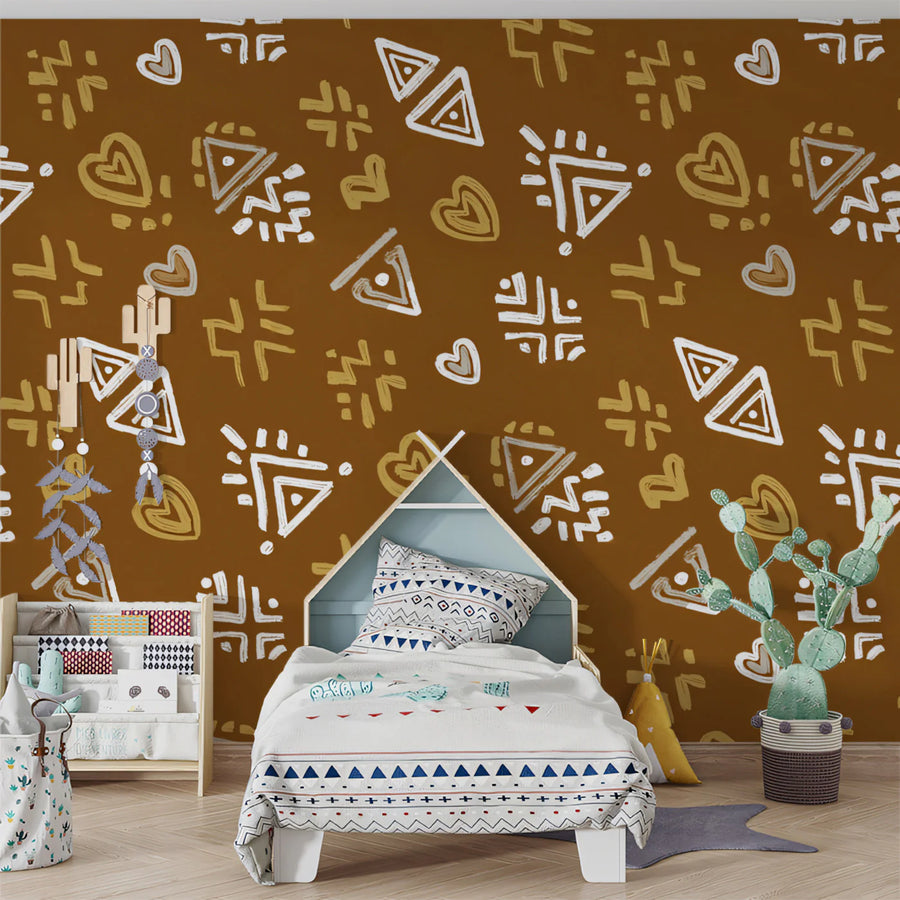 Modern Tribal Mural Wallpaper — Abstract Earthy Pattern Mural Wallpaper