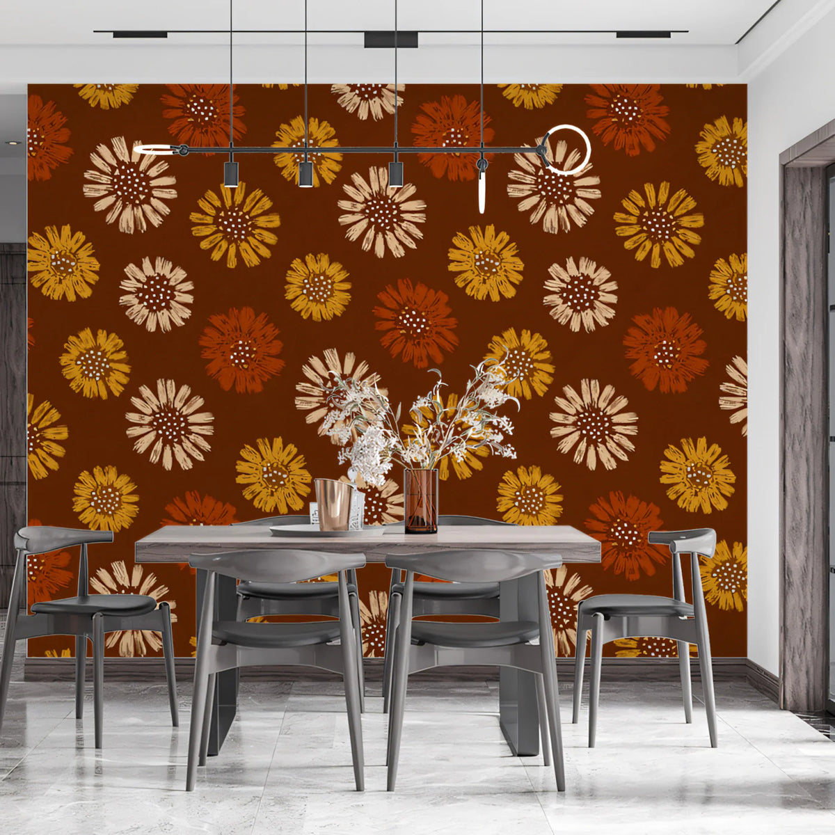 Rustic Daisy Meadow Mural Wallpaper — Earthy Warmth and Vintage Charm Mural Wallpaper - pure wallpaper artwork