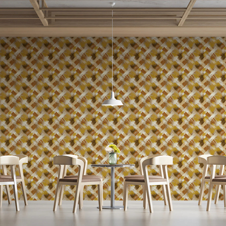 Woven Crosshatch Mural Wallpaper in Warm Ochre and Brown Mural Wallpaper