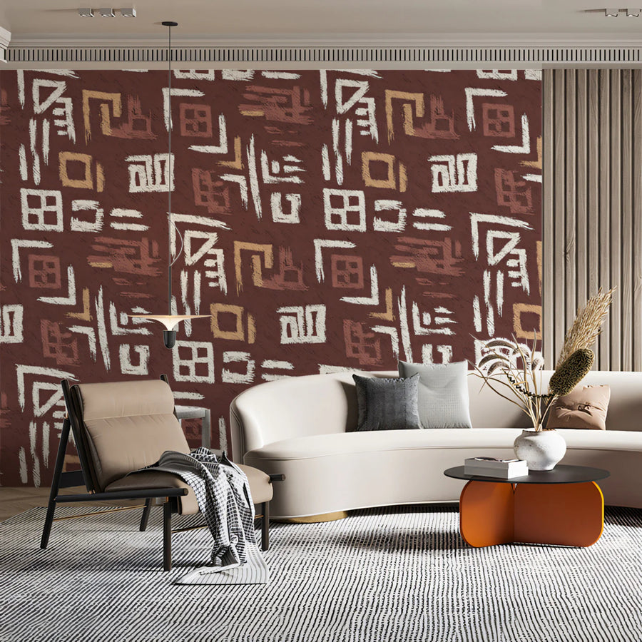 Modern Folk Abstract Mural Wallpaper — Earthy Tribal Print Mural Wallpaper