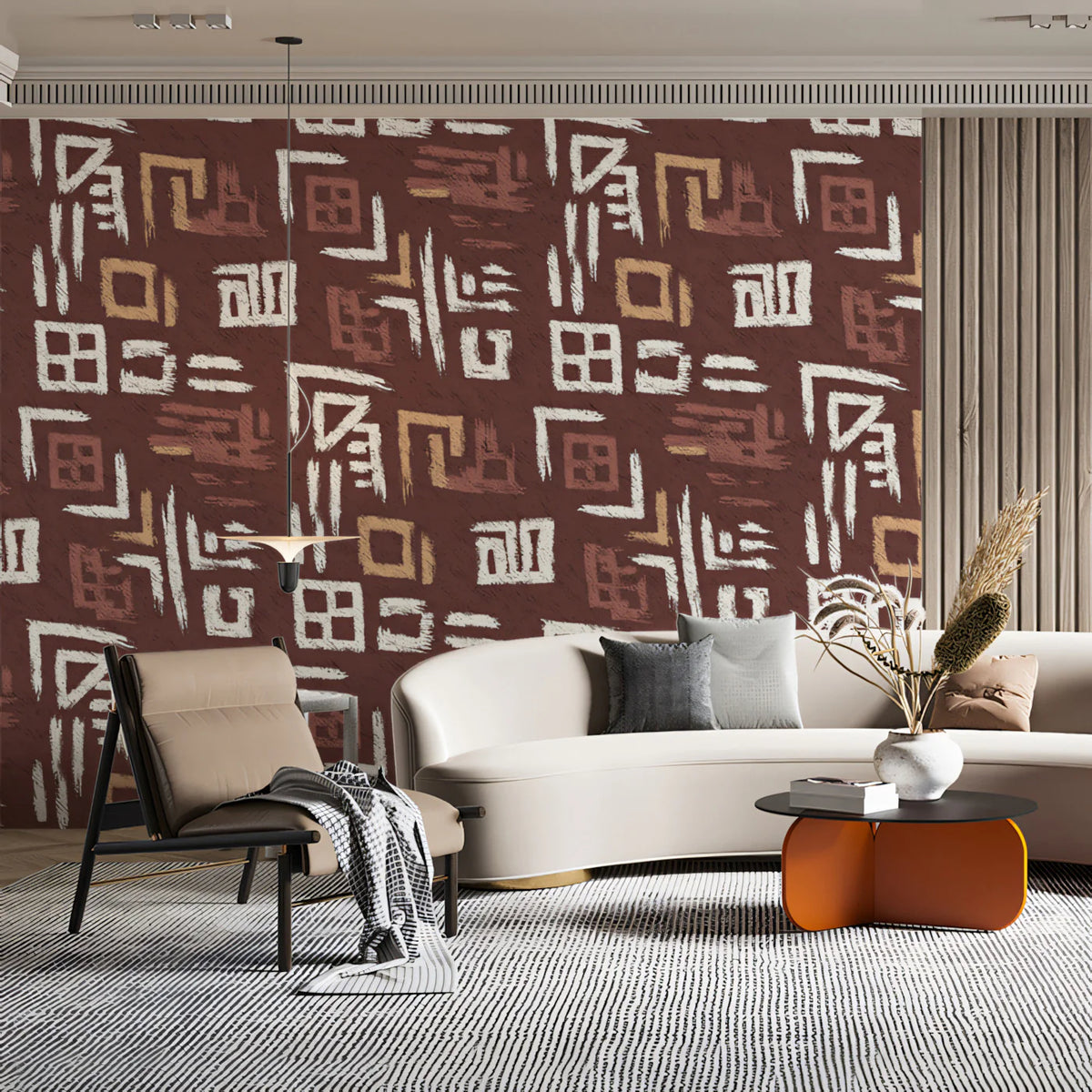 Modern Folk Abstract Mural Wallpaper — Earthy Tribal Print Mural Wallpaper - pure wallpaper artwork