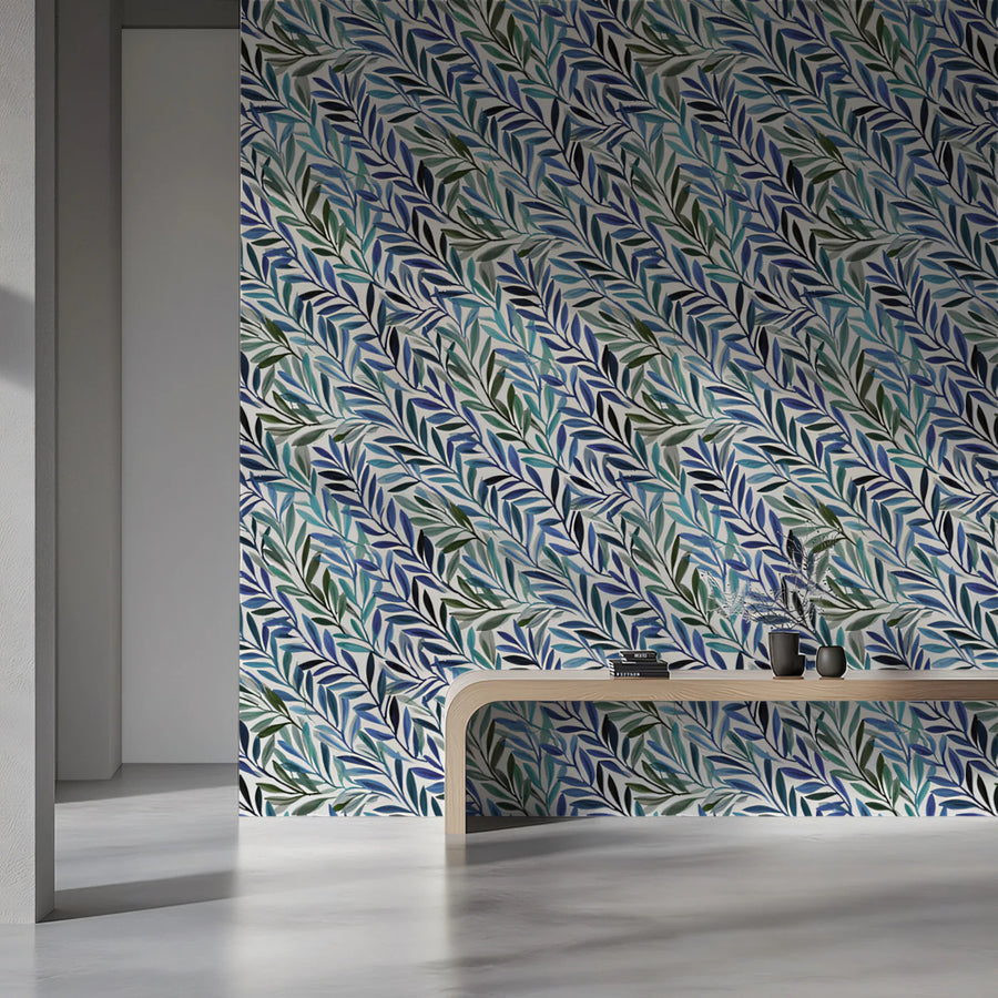 Abstract Botanical Mural Wallpaper — Blue and Sage Leaf Pattern Mural Wallpaper