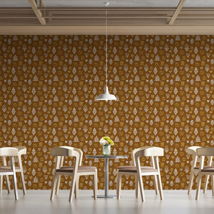 Modern Folk Motif Mural Wallpaper — Bohemian Earthy Pattern Mural Wallpaper