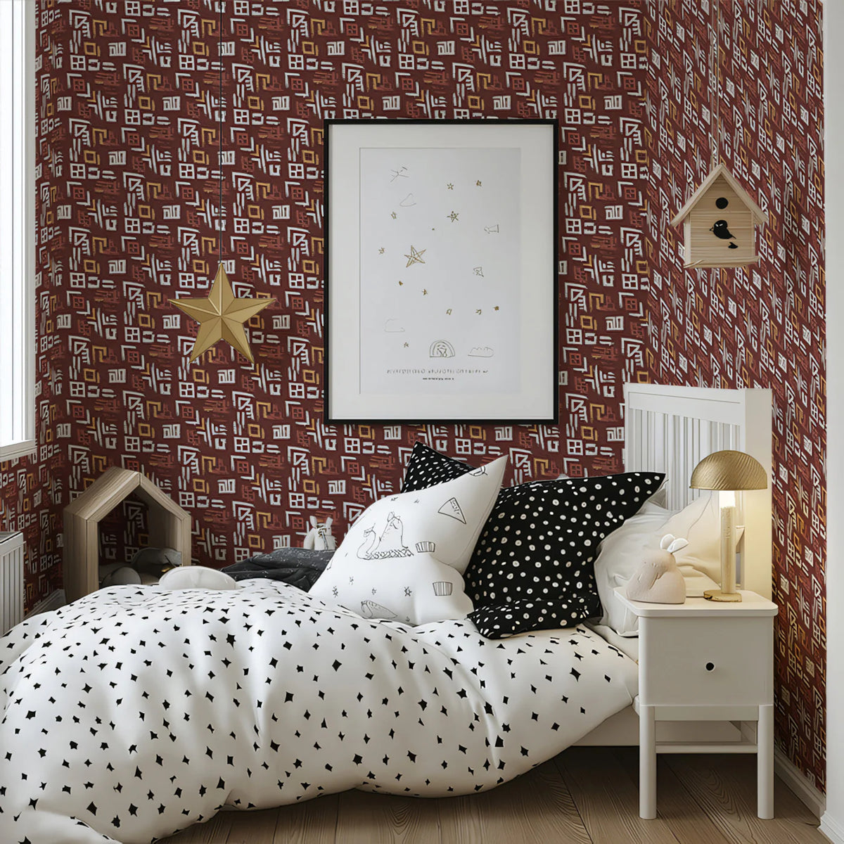Abstract Tribal Motif Mural Wallpaper — Earthy Geometric Folk Art Mural Wallpaper - pure wallpaper artwork