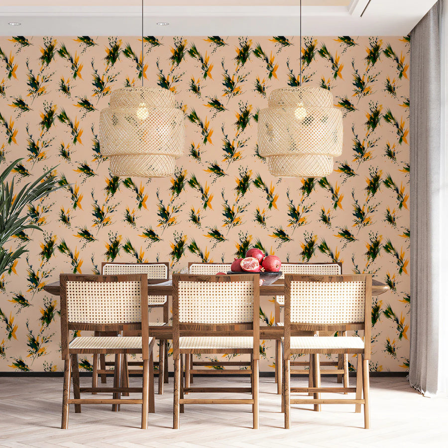 Abstract Botanical Brushstroke Mural Wallpaper — Ochre and Pine Mural Wallpaper