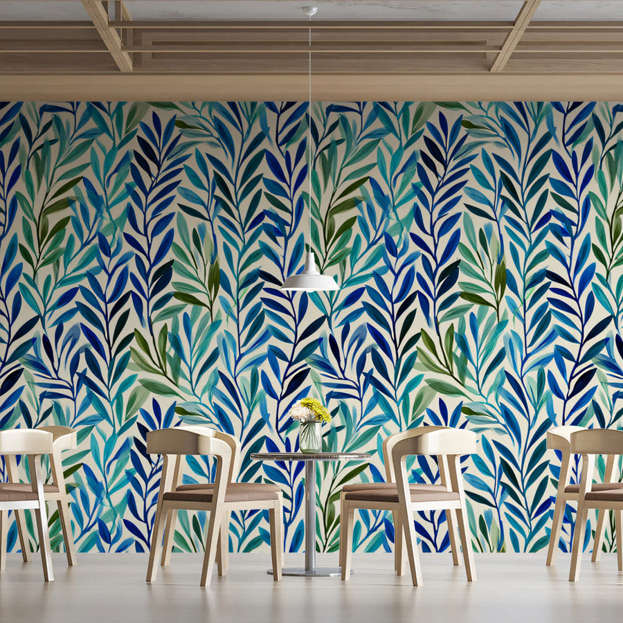 Abstract Foliage Mural Wallpaper — Blue and Green Leaf Pattern Mural Wallpaper