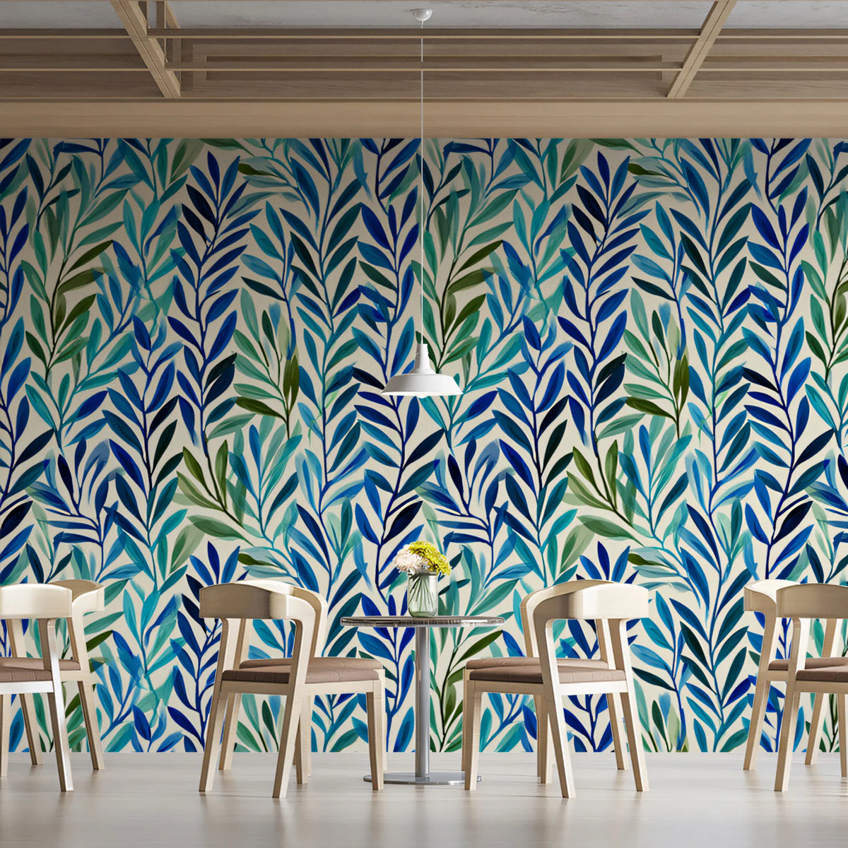 Abstract Foliage Mural Wallpaper — Blue and Green Leaf Pattern Mural Wallpaper - pure wallpaper artwork