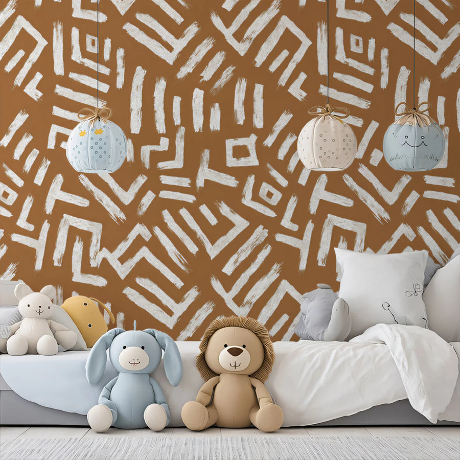 Abstract Tribal Clay Mural Wallpaper — Modern Hand-Drawn Lines Mural Wallpaper