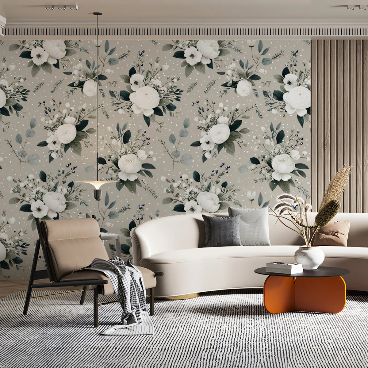 White Floral Bouquet Mural Wallpaper on Soft Beige Background Mural Wallpaper - pure wallpaper artwork