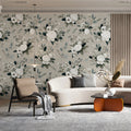 White Floral Bouquet Mural Wallpaper on Soft Beige Background Mural Wallpaper - pure wallpaper artwork