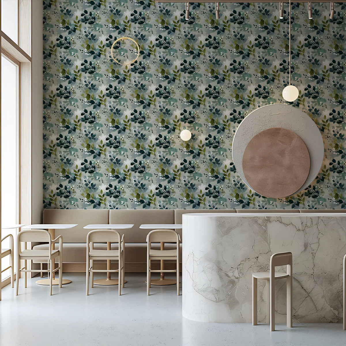 Abstract Botanical Leaf Mural Wallpaper — Muted Teal and Sage Green Mural Wallpaper - pure wallpaper artwork