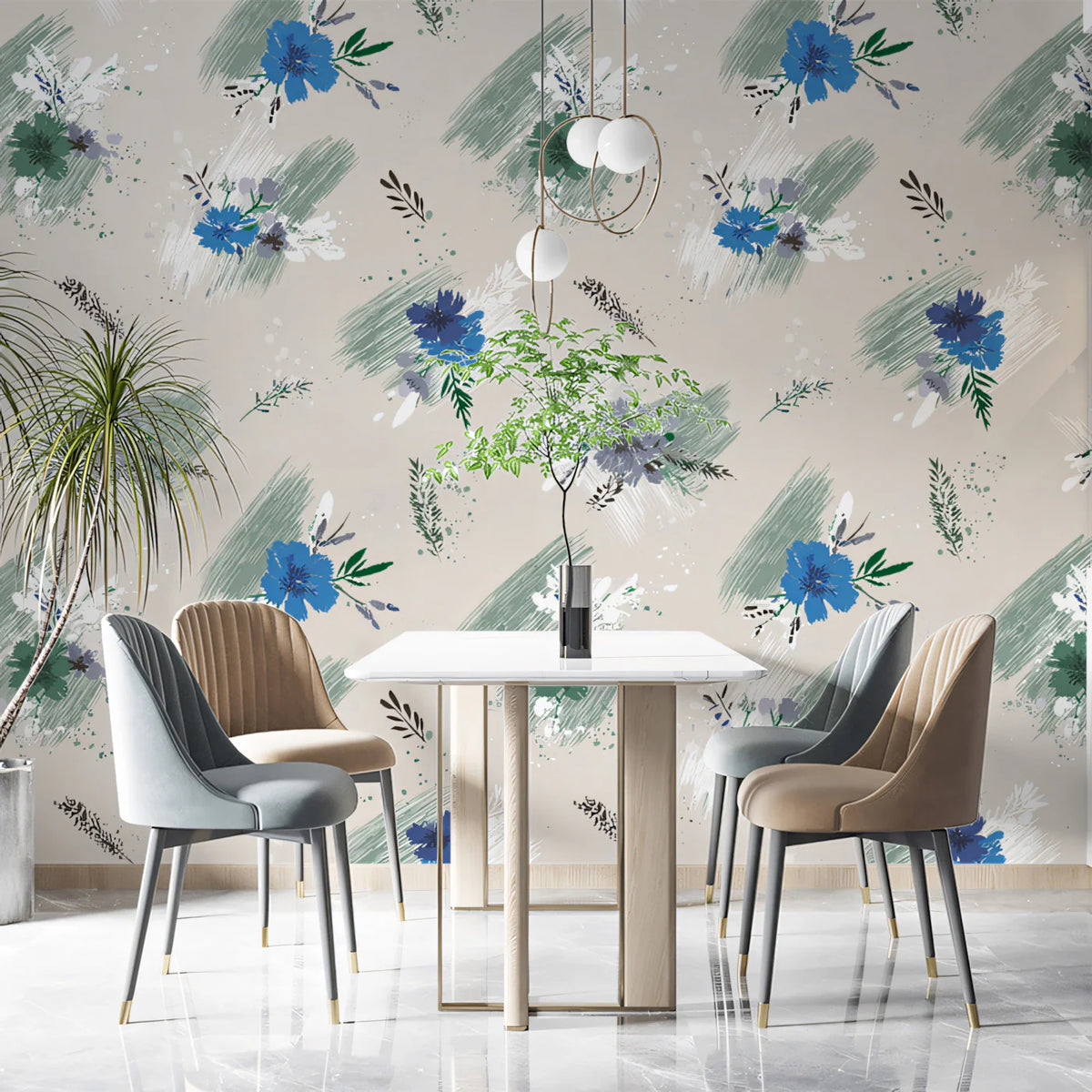 Abstract Painted Floral Mural Wallpaper — Sage and Cobalt Mural Wallpaper - pure wallpaper artwork
