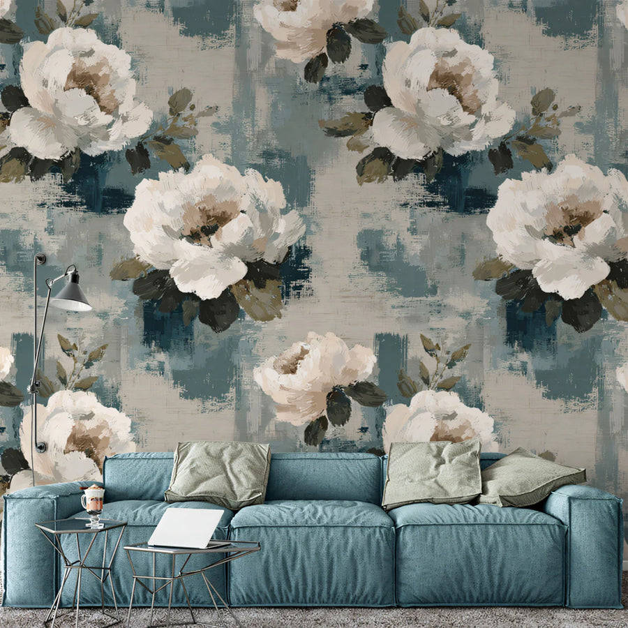 Brushstroke Floral Mural Wallpaper — Artistic Distressed Design Mural Wallpaper