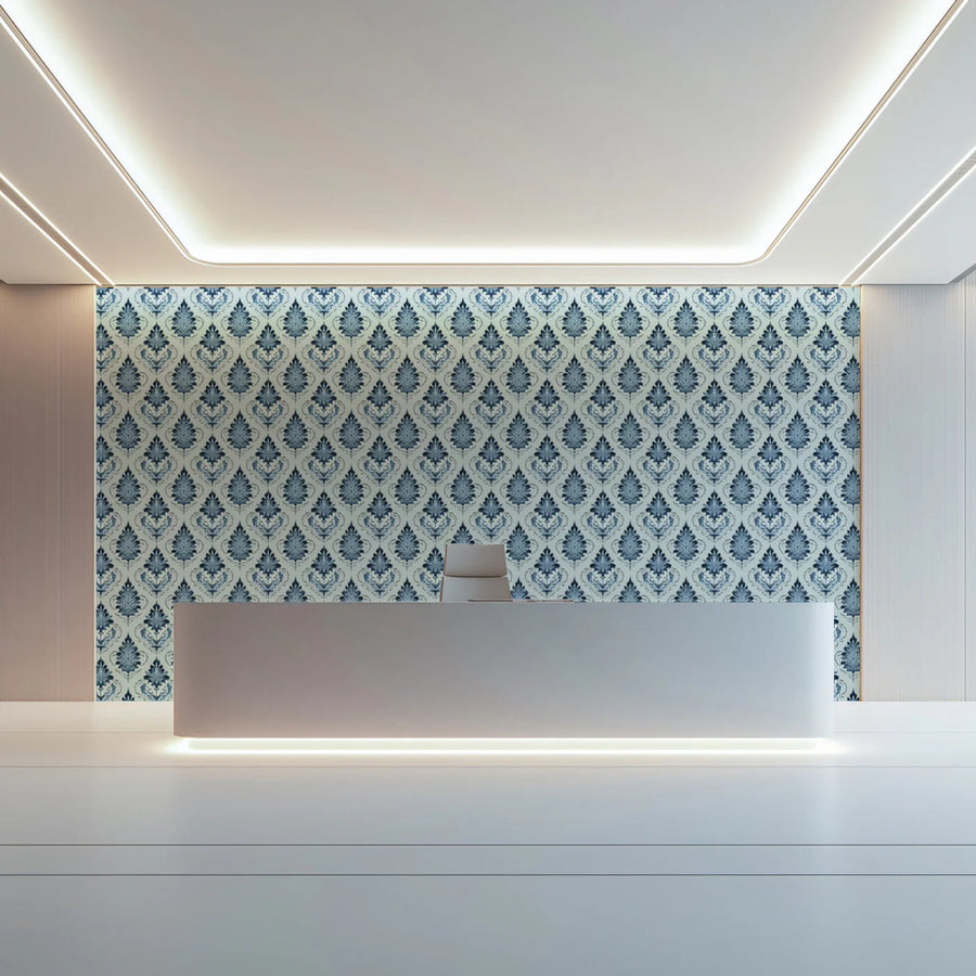 Traditional Damask Floral Mural Wallpaper — Cool Blue Leaf Pattern Mural Wallpaper