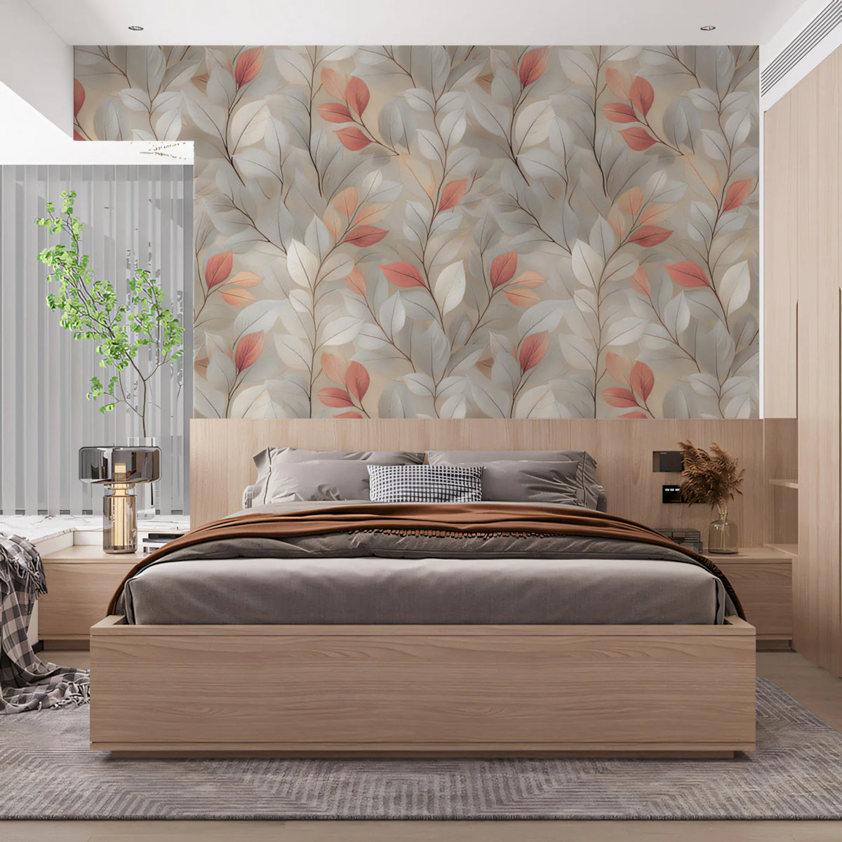 Abstract Botanical Mural Wallpaper — Soft Pink and Gray Leaf Trail Mural Wallpaper - pure wallpaper artwork