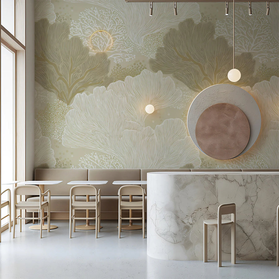 Sculptural Ginkgo Leaf Mural Wallpaper — Neutral Minimalist Mural Wallpaper
