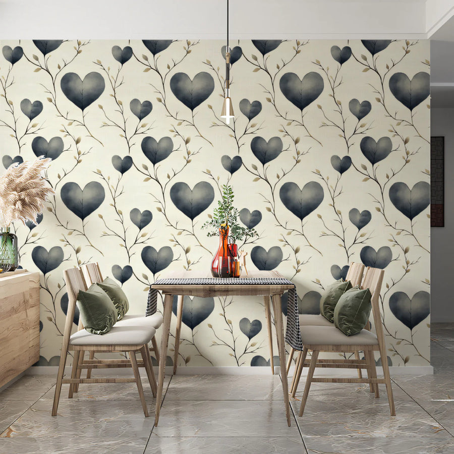Heart Leaf Branch Mural Wallpaper — Soft Charcoal Botanical Pattern Mural Wallpaper