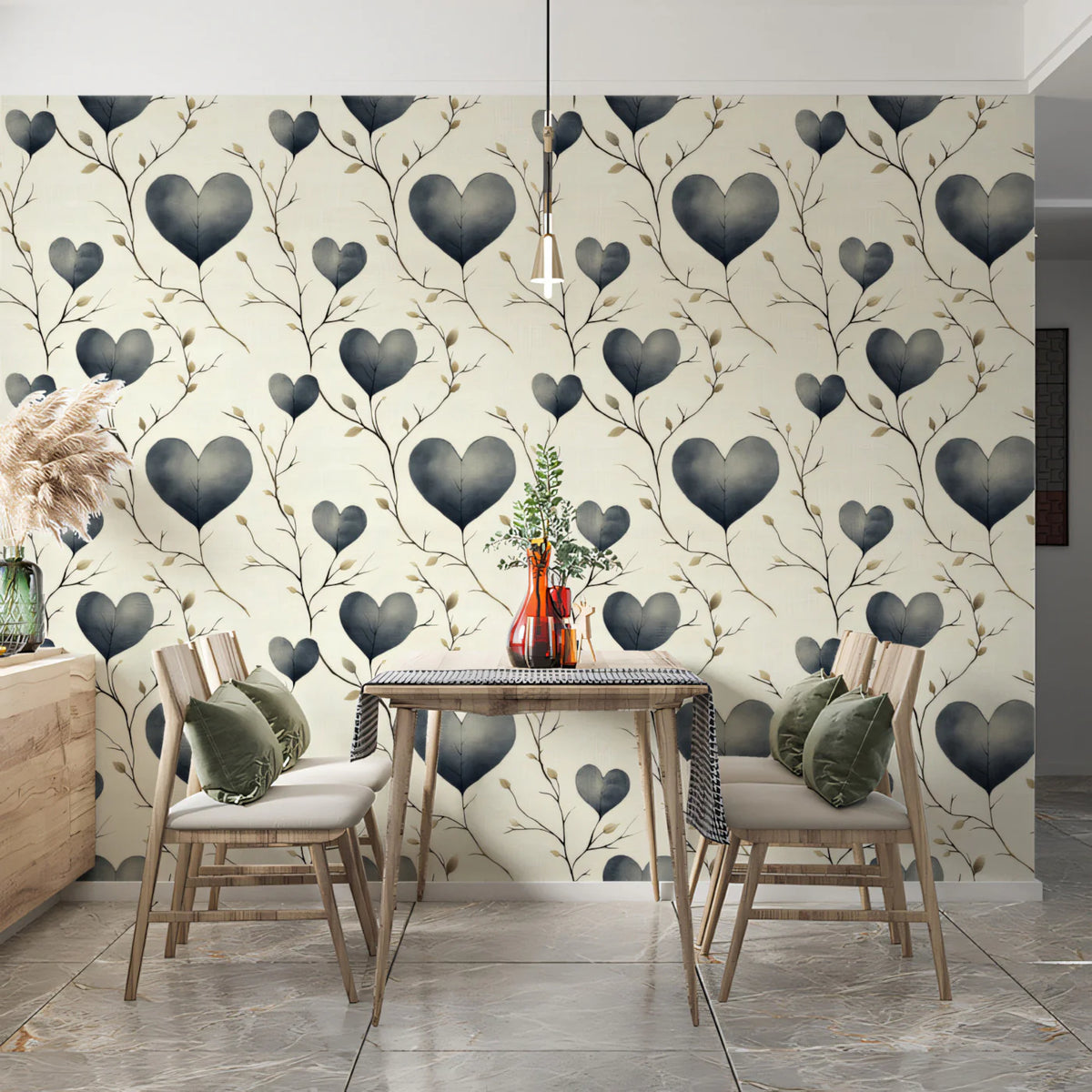 Heart Leaf Branch Mural Wallpaper — Soft Charcoal Botanical Pattern Mural Wallpaper - pure wallpaper artwork