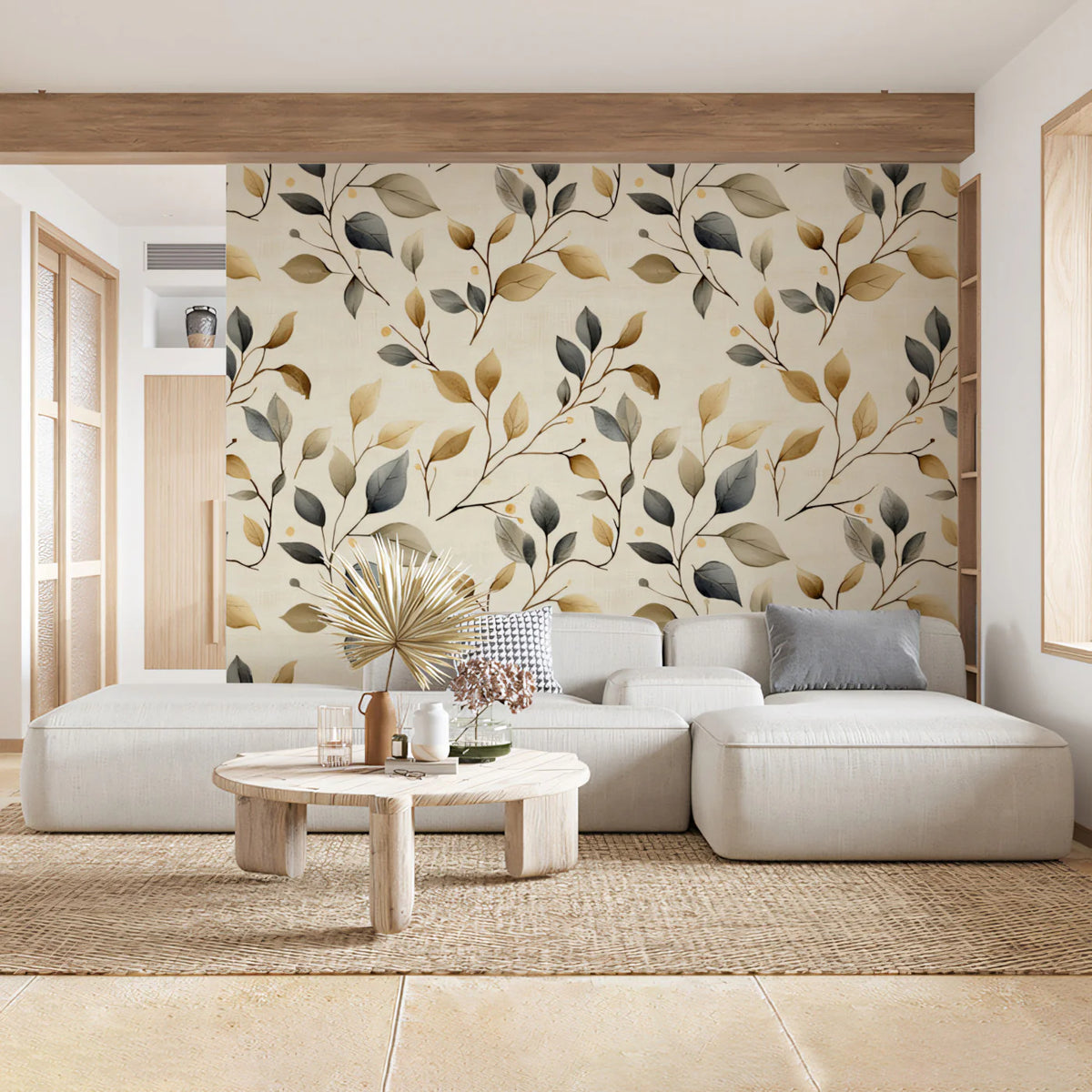 Abstract Botanical Mural Wallpaper — Warm Ochre and Cool Slate Mural Wallpaper - pure wallpaper artwork