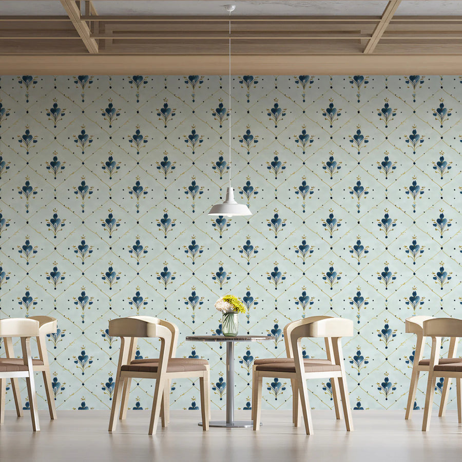 Modern Damask Mural Wallpaper — Soft Blue and Gold Lattice Mural Wallpaper