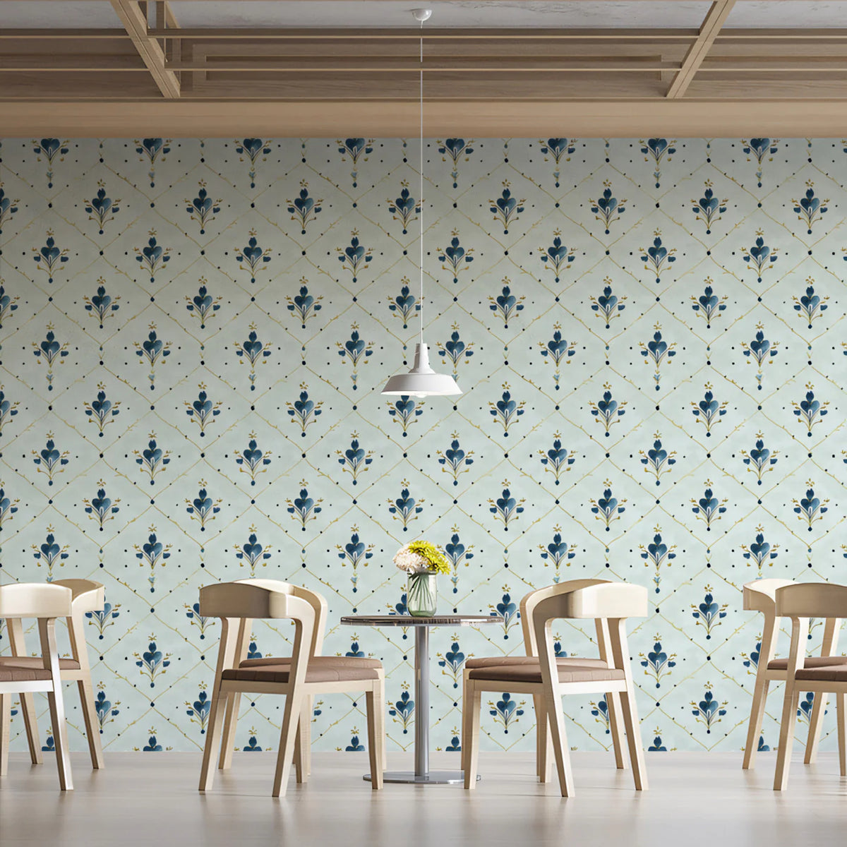 Modern Damask Mural Wallpaper — Soft Blue and Gold Lattice Mural Wallpaper - pure wallpaper artwork