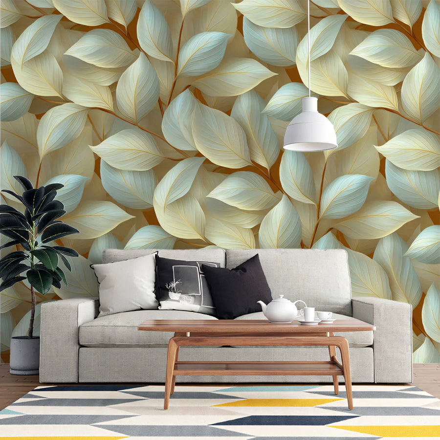 Sculptural Leaf Mural Wallpaper — Neutral Botanical Design Mural Wallpaper