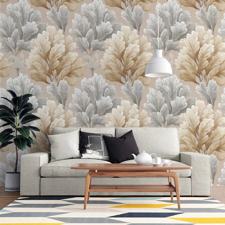 Abstract Foliage Mural Wallpaper — Soft Tan and Gray Leaves Mural Wallpaper