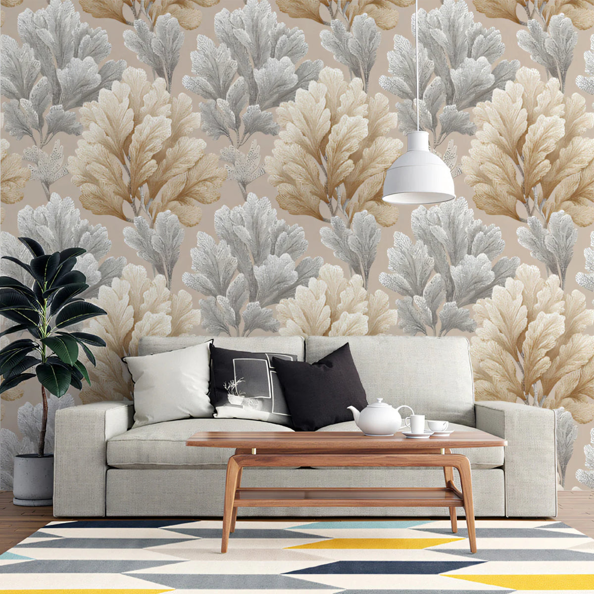 Abstract Foliage Mural Wallpaper — Soft Tan and Gray Leaves Mural Wallpaper - pure wallpaper artwork