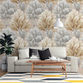 Abstract Foliage Mural Wallpaper — Soft Tan and Gray Leaves Mural Wallpaper - pure wallpaper artwork