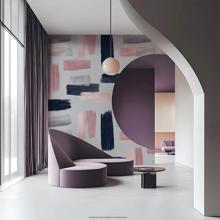 Abstract Brushstroke Mural Wallpaper — Navy, Pink, and Silver Mural Wallpaper