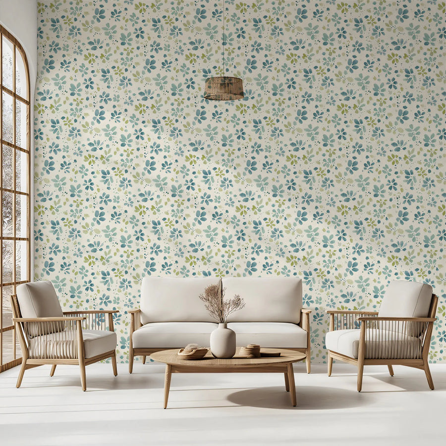 Ditsy Floral Mural Wallpaper — Soft Blue and Sage Garden Mural Wallpaper