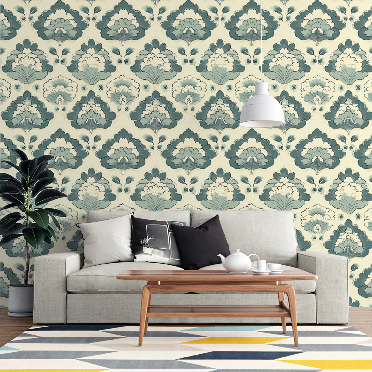 Vintage Damask Mural Wallpaper — Blue and Cream Floral Print Mural Wallpaper - pure wallpaper artwork