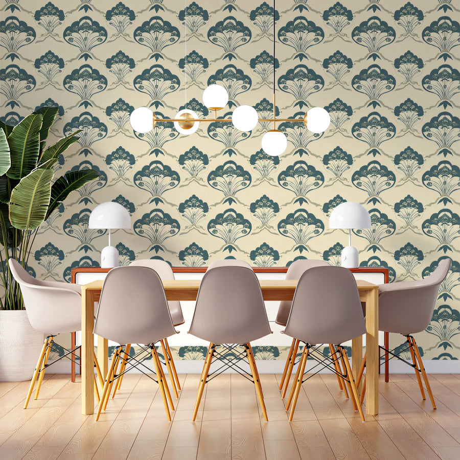 Art Nouveau Fan Floral Mural Wallpaper — Cream and Slate Blue Mural Wallpaper