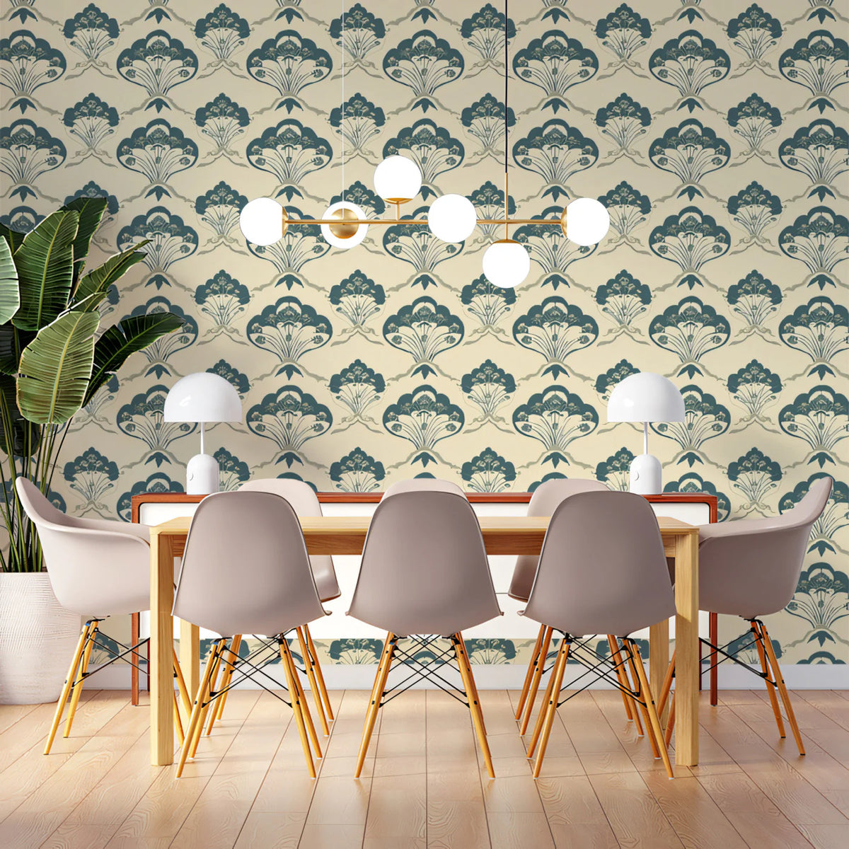 Art Nouveau Fan Floral Mural Wallpaper — Cream and Slate Blue Mural Wallpaper - pure wallpaper artwork