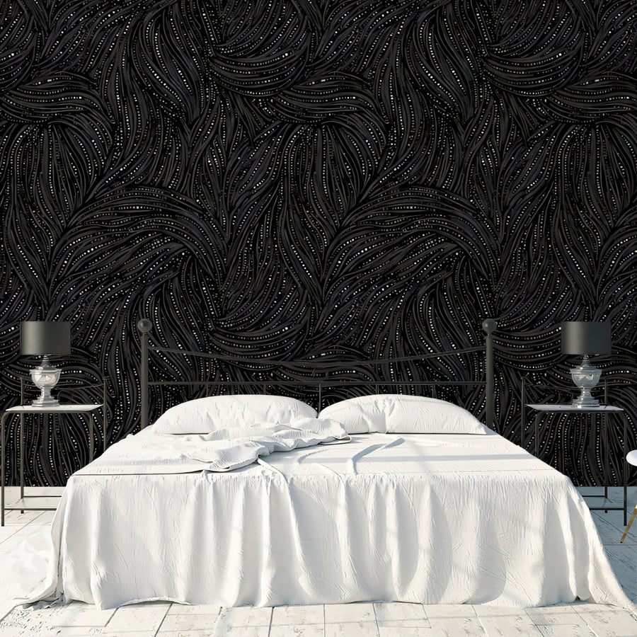 Abstract Swirl Mural Wallpaper — Moody Charcoal and White Ink Lines Mural Wallpaper