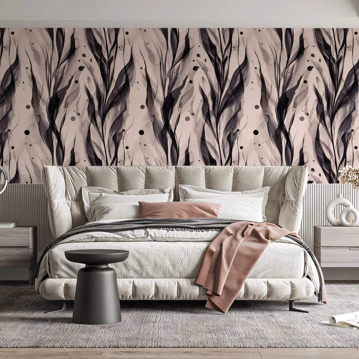 Abstract Vertical Leaf Mural Wallpaper — Modern Ink Wash Style Mural Wallpaper - pure wallpaper artwork