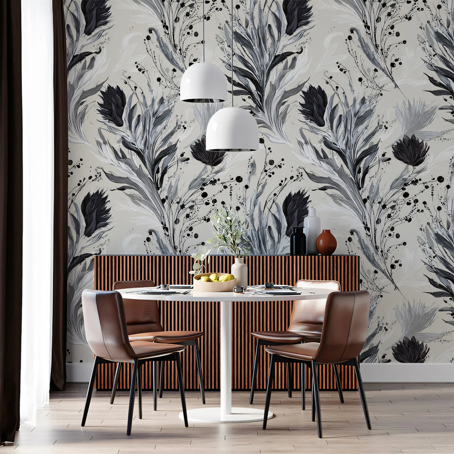 Monochrome Botanical Mural Wallpaper — Expressive Ink Illustration Mural Wallpaper