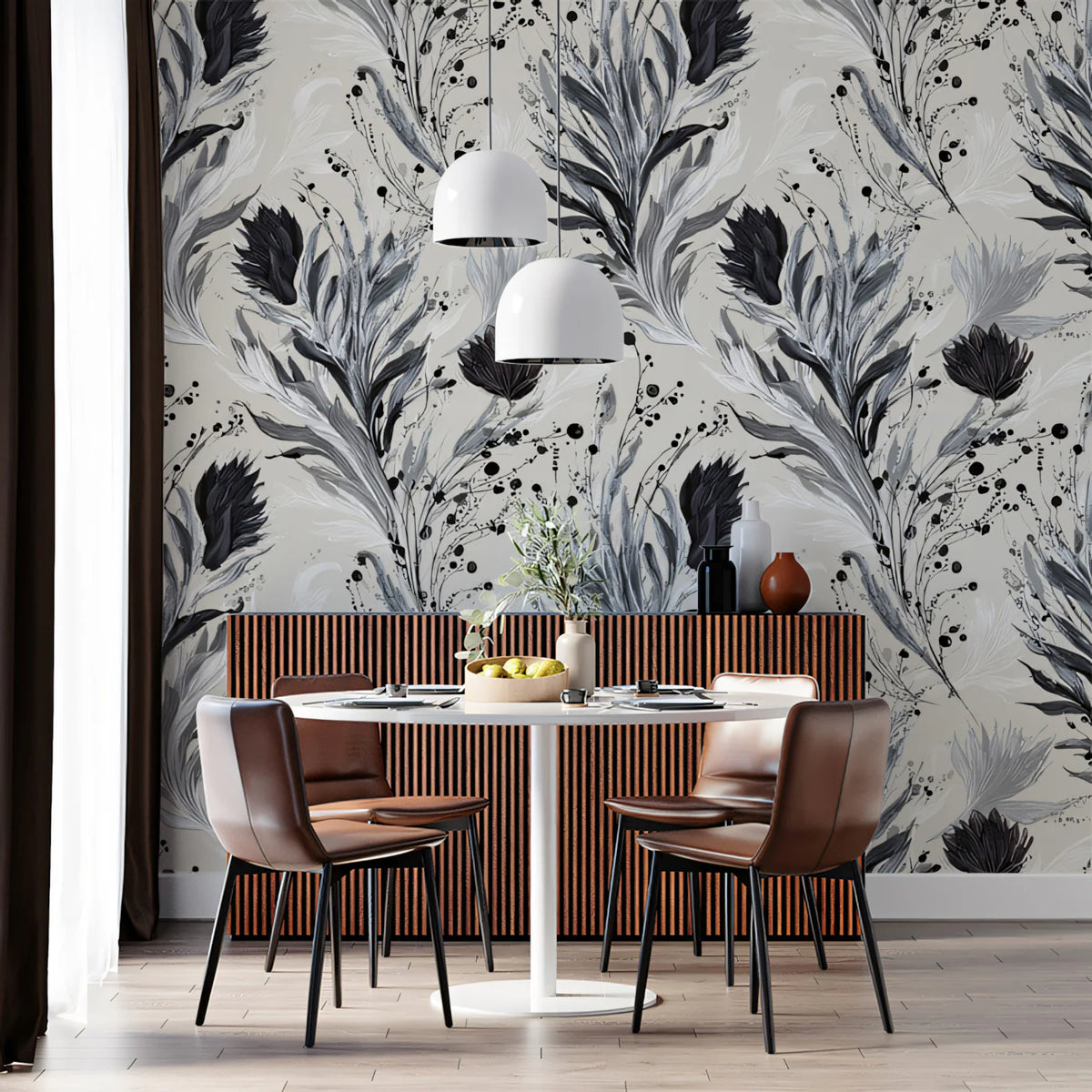Monochrome Botanical Mural Wallpaper — Expressive Ink Illustration Mural Wallpaper - pure wallpaper artwork