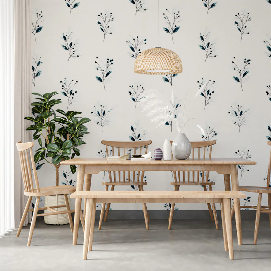 Minimalist Botanical Sprig Mural Wallpaper — Navy and Off-White Mural Wallpaper