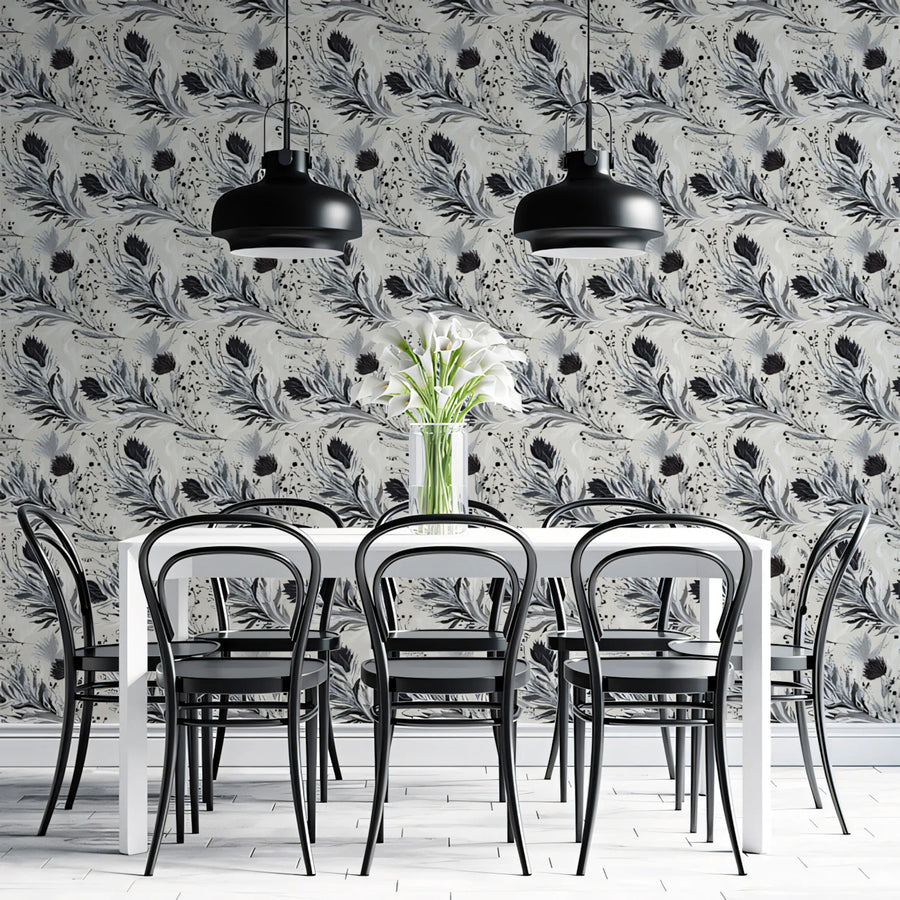 Monochrome Botanical Mural Wallpaper — Abstract Feathered Floral Mural Wallpaper