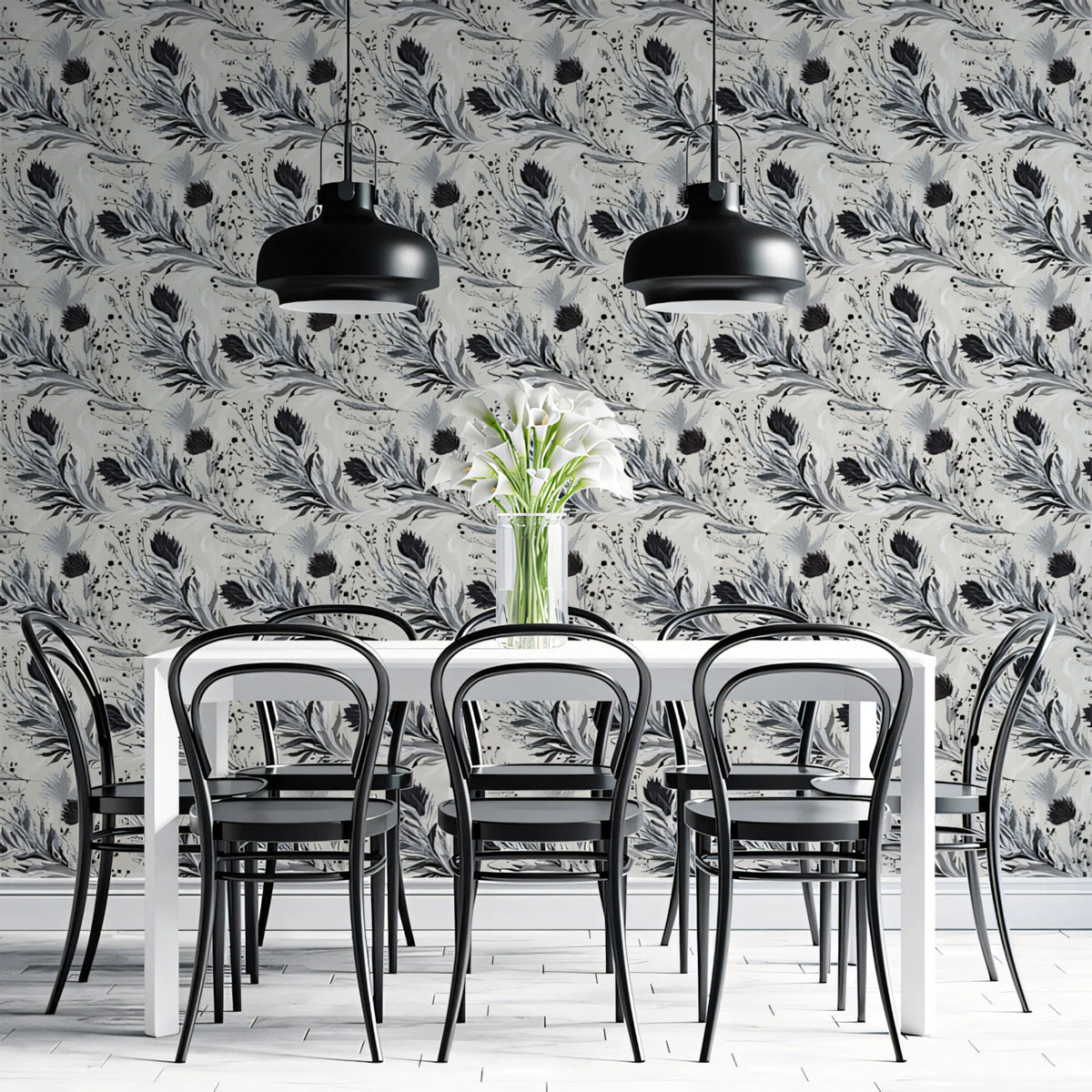 Monochrome Botanical Mural Wallpaper — Abstract Feathered Floral Mural Wallpaper - pure wallpaper artwork