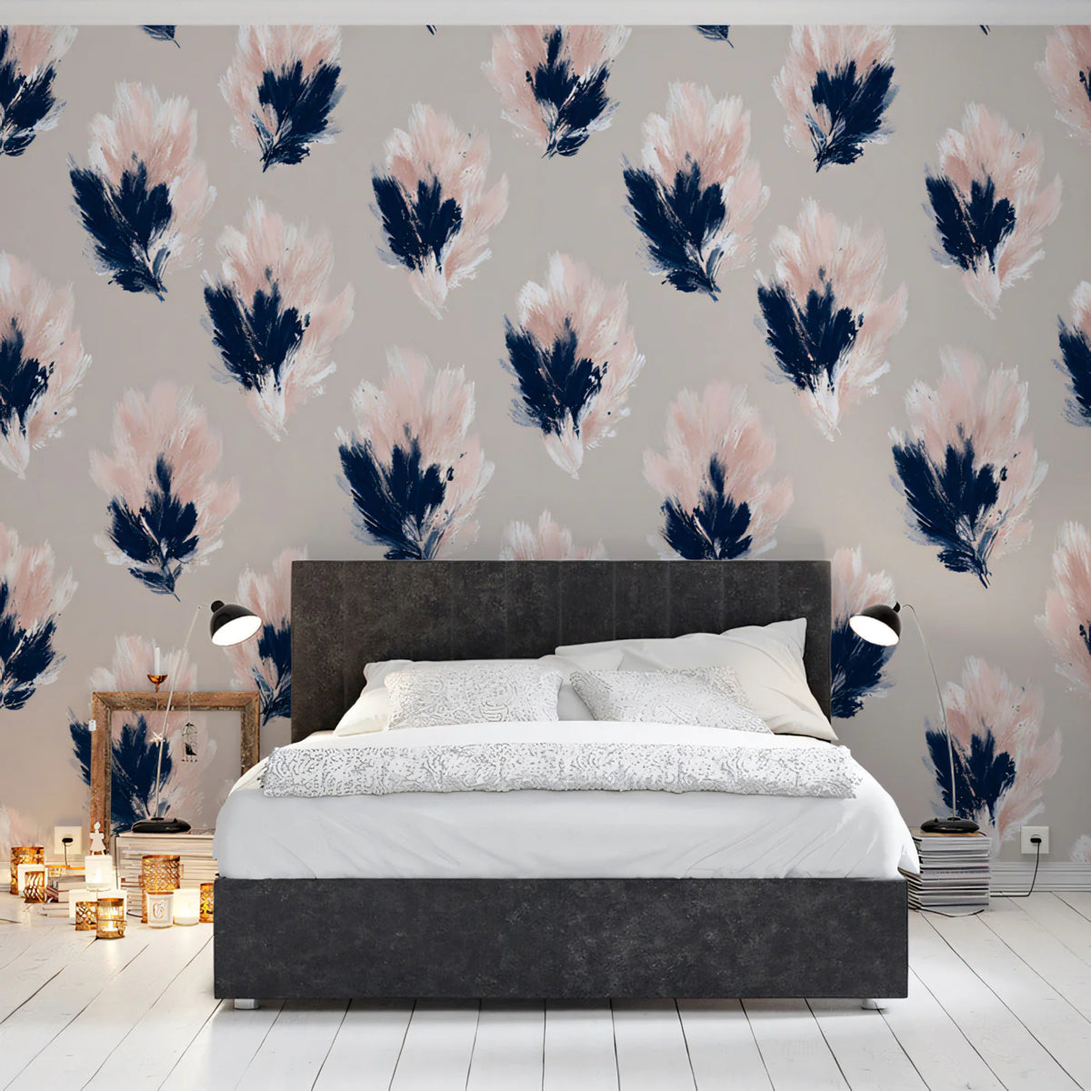 Abstract Feather Mural Wallpaper — Soft Navy and Blush Strokes Mural Wallpaper - pure wallpaper artwork