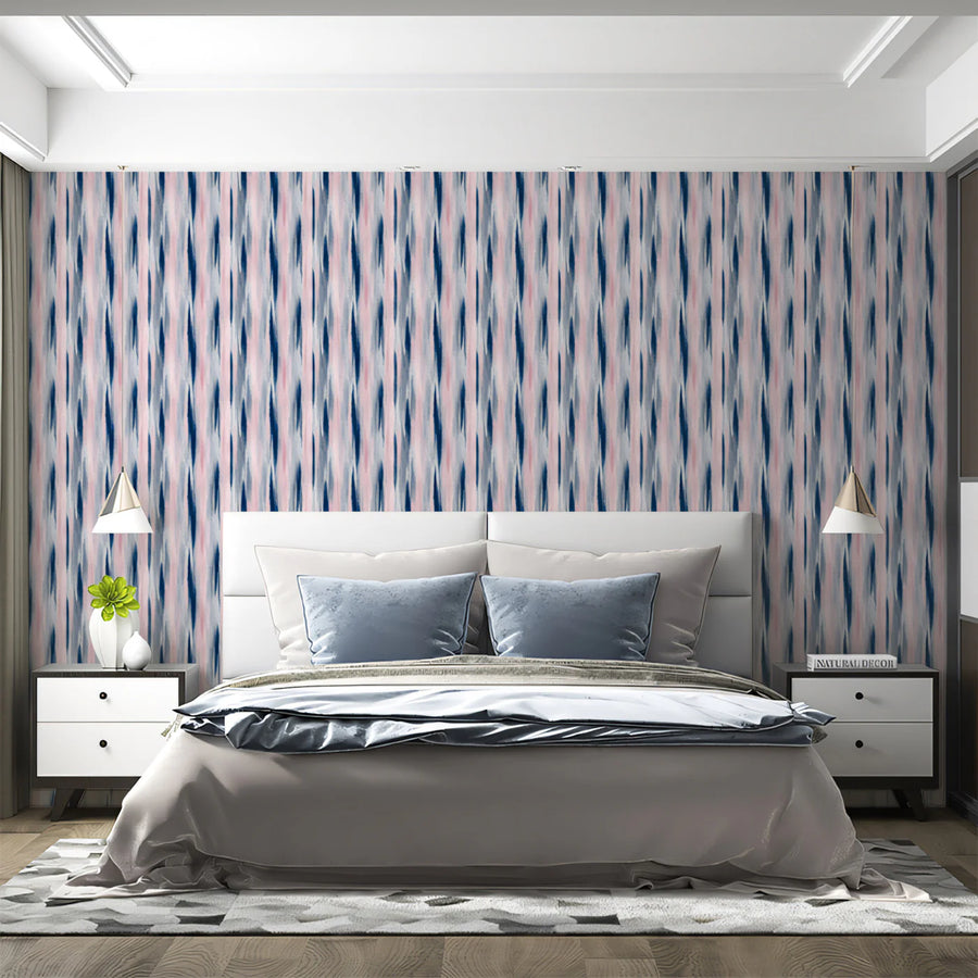 Abstract Ikat Stripe Mural Wallpaper — Soft Navy and Pastel Pink Mural Wallpaper