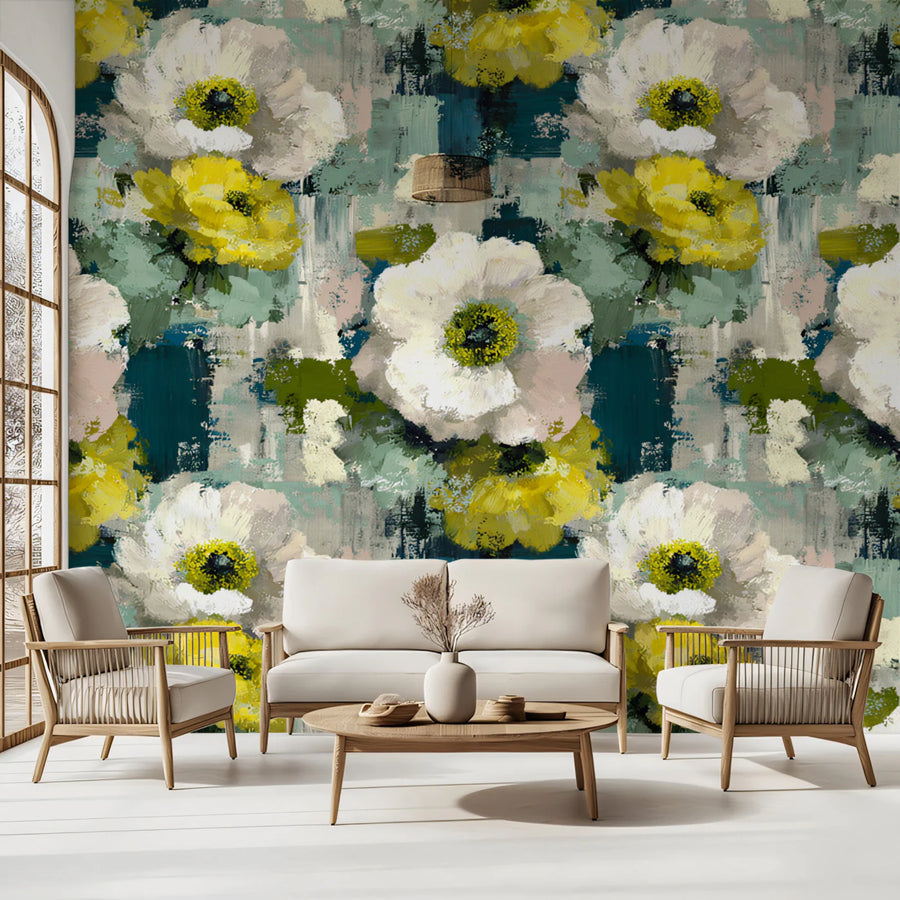 Abstract Floral Mural Wallpaper in Ochre and Teal Brushstrokes Mural Wallpaper