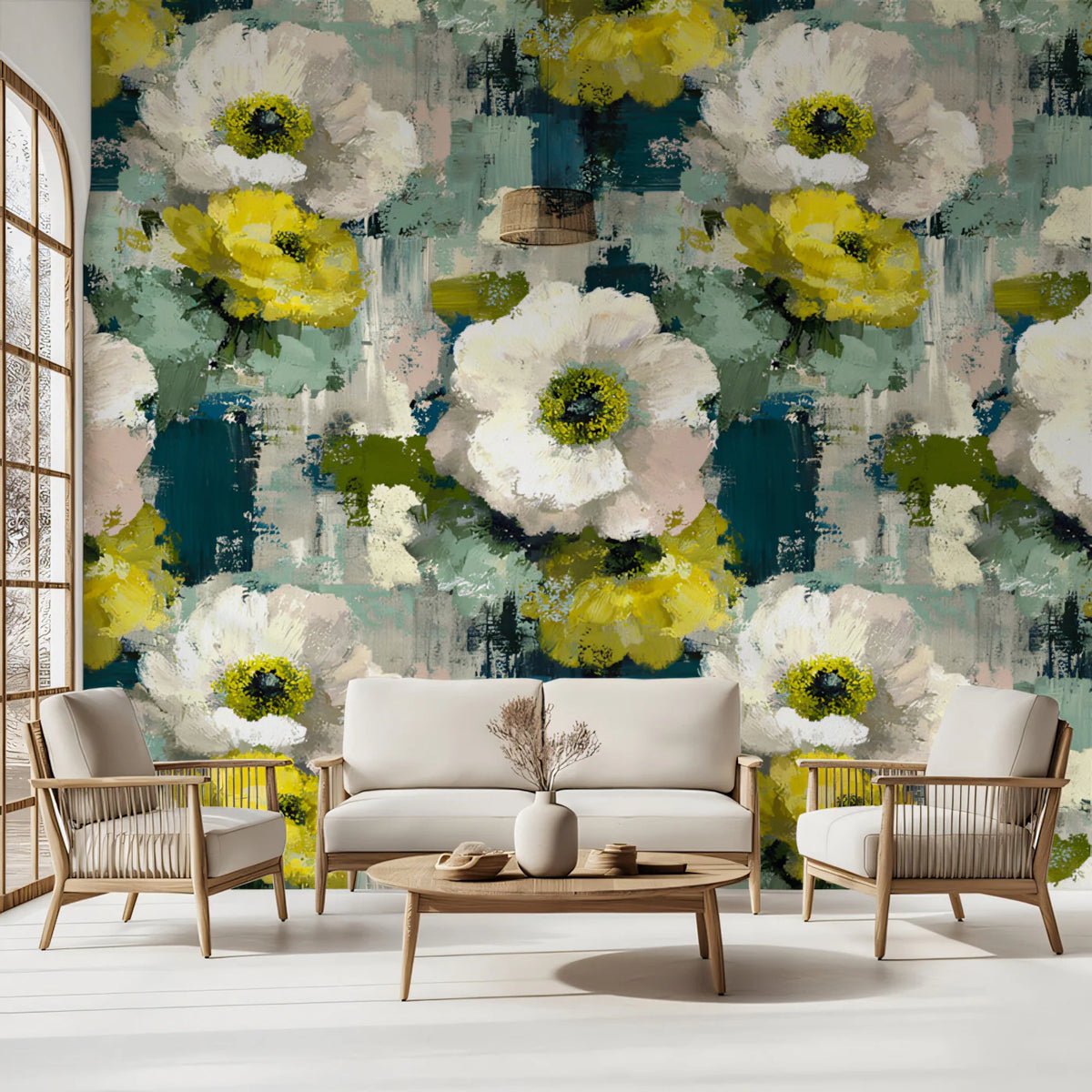 Abstract Floral Mural Wallpaper in Ochre and Teal Brushstrokes Mural Wallpaper - pure wallpaper artwork